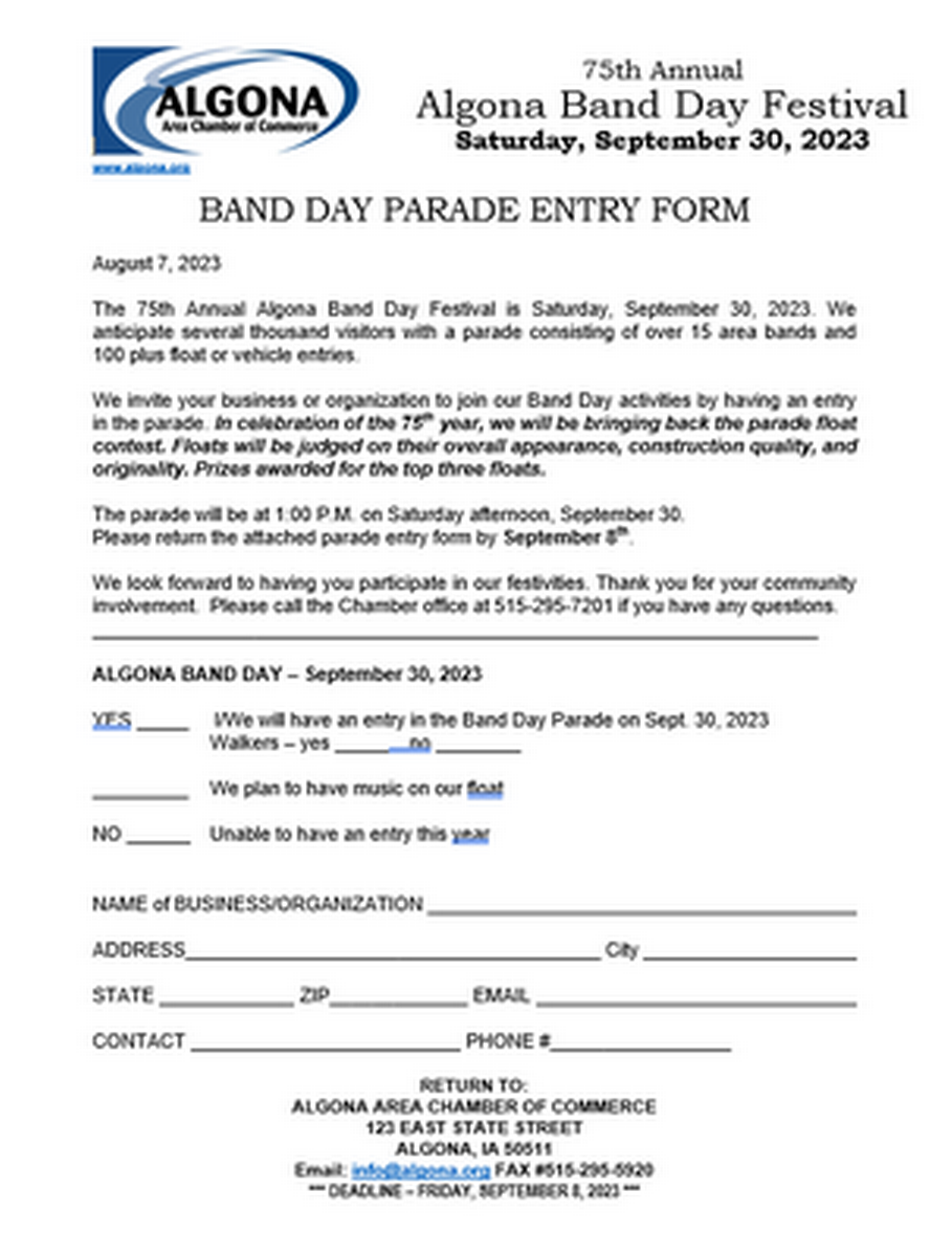 75th Annual Band Day Festival Sep 30, 2023 Algona Area Chamber of